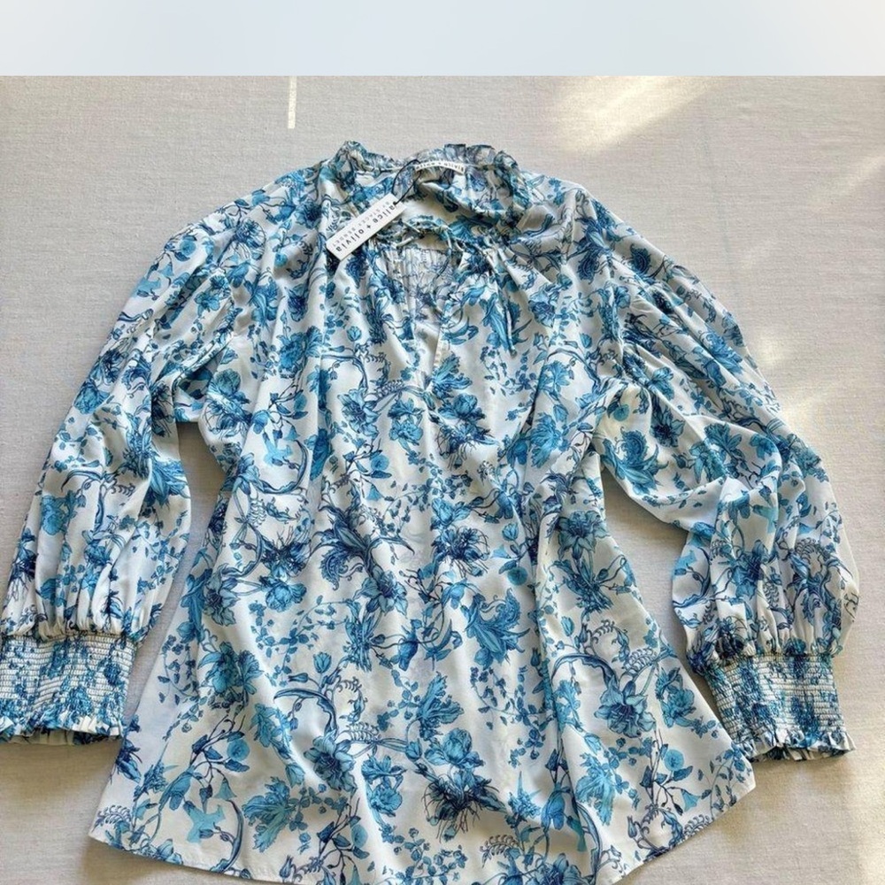 Alice + Olivia Blue Floral Silk Blouse